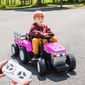 Pink, 12V7AH Battery-Powered Toy Tractor with Trailer, Remote Control, Kids' Electric Excavator Vehicles with 2x35W Dual Motor, Treaded Tires, LED Lig