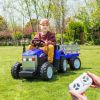 Blue, 12V7AH Battery-Powered Toy Tractor with Trailer, Remote Control, Kids' Electric Excavator Vehicles with 2x35W Dual Motor, Treaded Tires, LED Lig