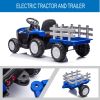 Blue, 12V7AH Battery-Powered Toy Tractor with Trailer, Remote Control, Kids' Electric Excavator Vehicles with 2x35W Dual Motor, Treaded Tires, LED Lig